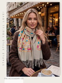 LARGE BEIGE FLOWER PRINT CASHMERE COTTON BLEND WINTER SHAWL BLANKET SCARF