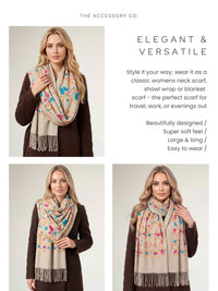LARGE BEIGE FLOWER PRINT CASHMERE COTTON BLEND WINTER SHAWL BLANKET SCARF