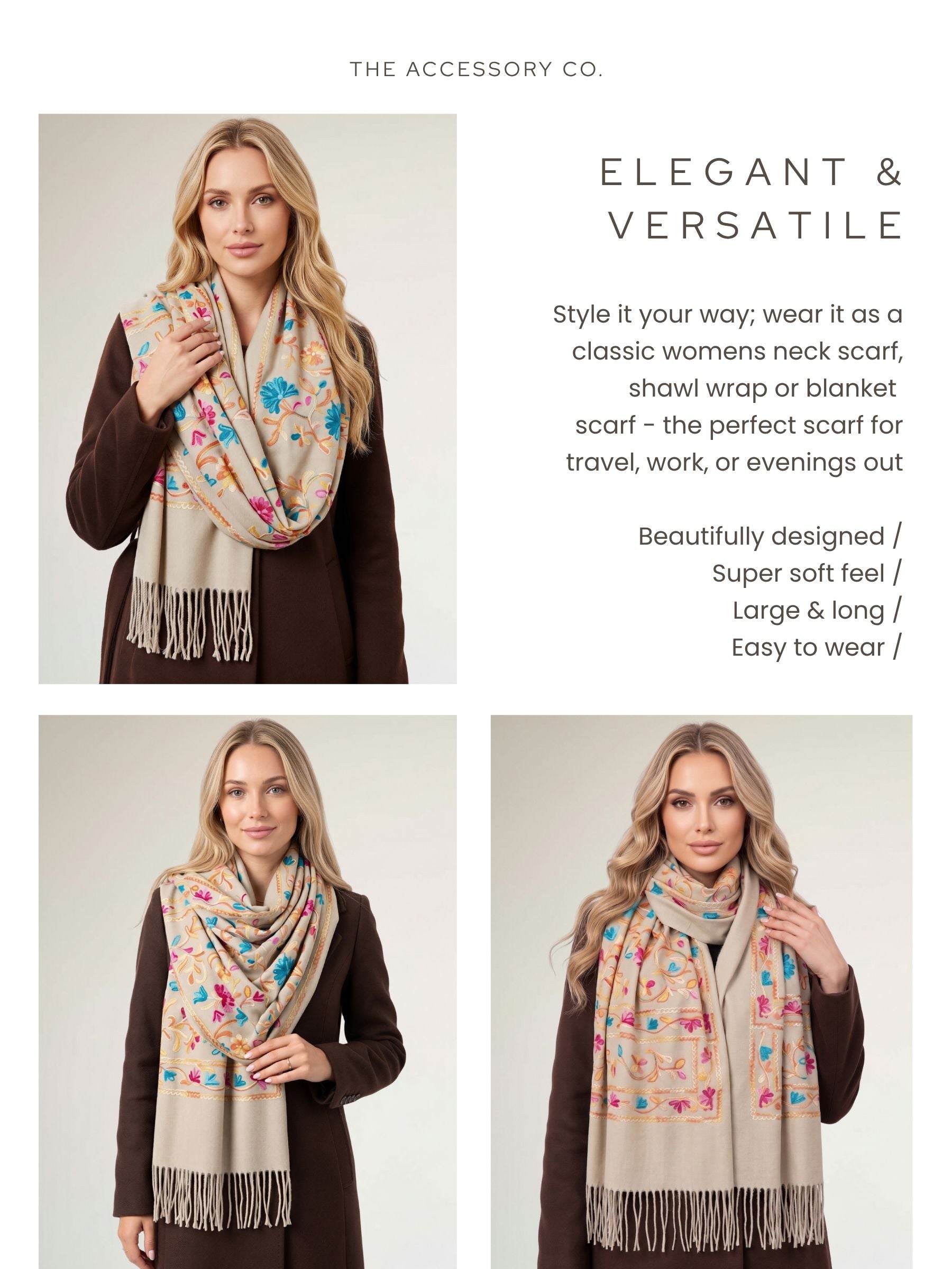 LARGE BEIGE FLOWER PRINT CASHMERE COTTON BLEND WINTER SHAWL BLANKET SCARF