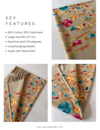 LARGE BEIGE FLOWER PRINT CASHMERE COTTON BLEND WINTER SHAWL BLANKET SCARF