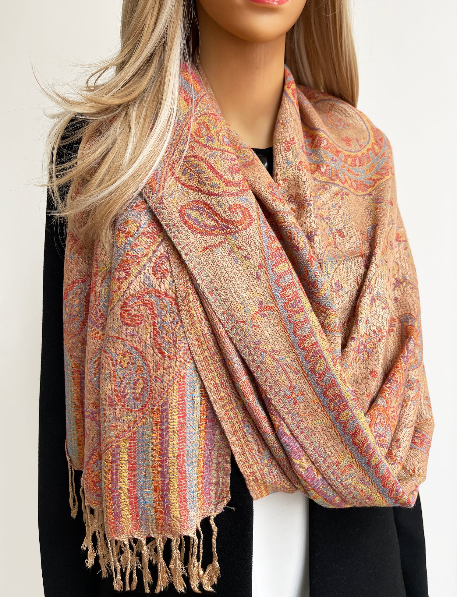 LARGE BEIGE MULTI COLOUR PAISLEY PASHMINA SHAWL SCARF WRAP