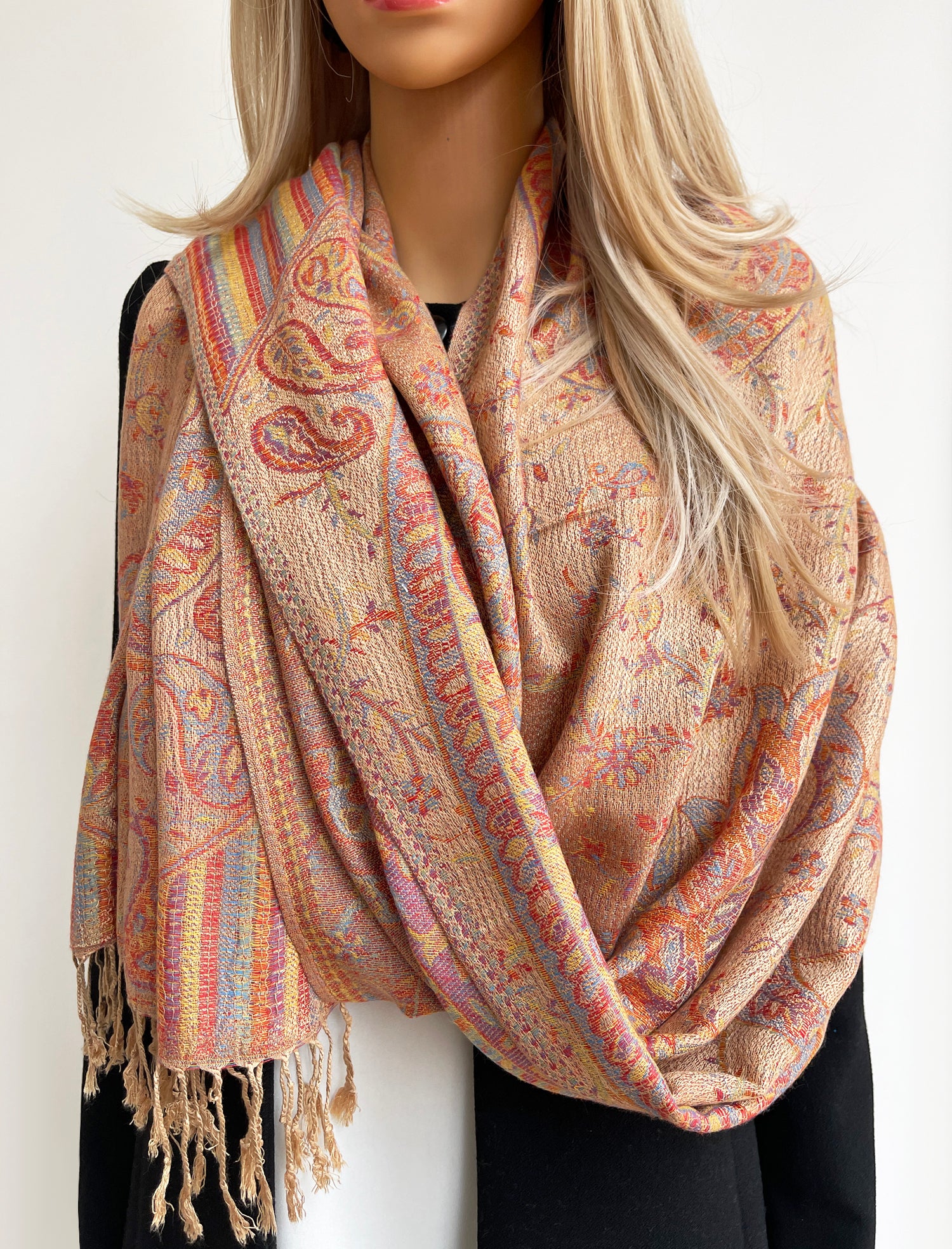 LARGE BEIGE MULTI COLOUR PAISLEY PASHMINA SHAWL SCARF WRAP