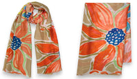 LARGE BEIGE ORANGE BRIGHT FLORAL COTTON MIX SCARF
