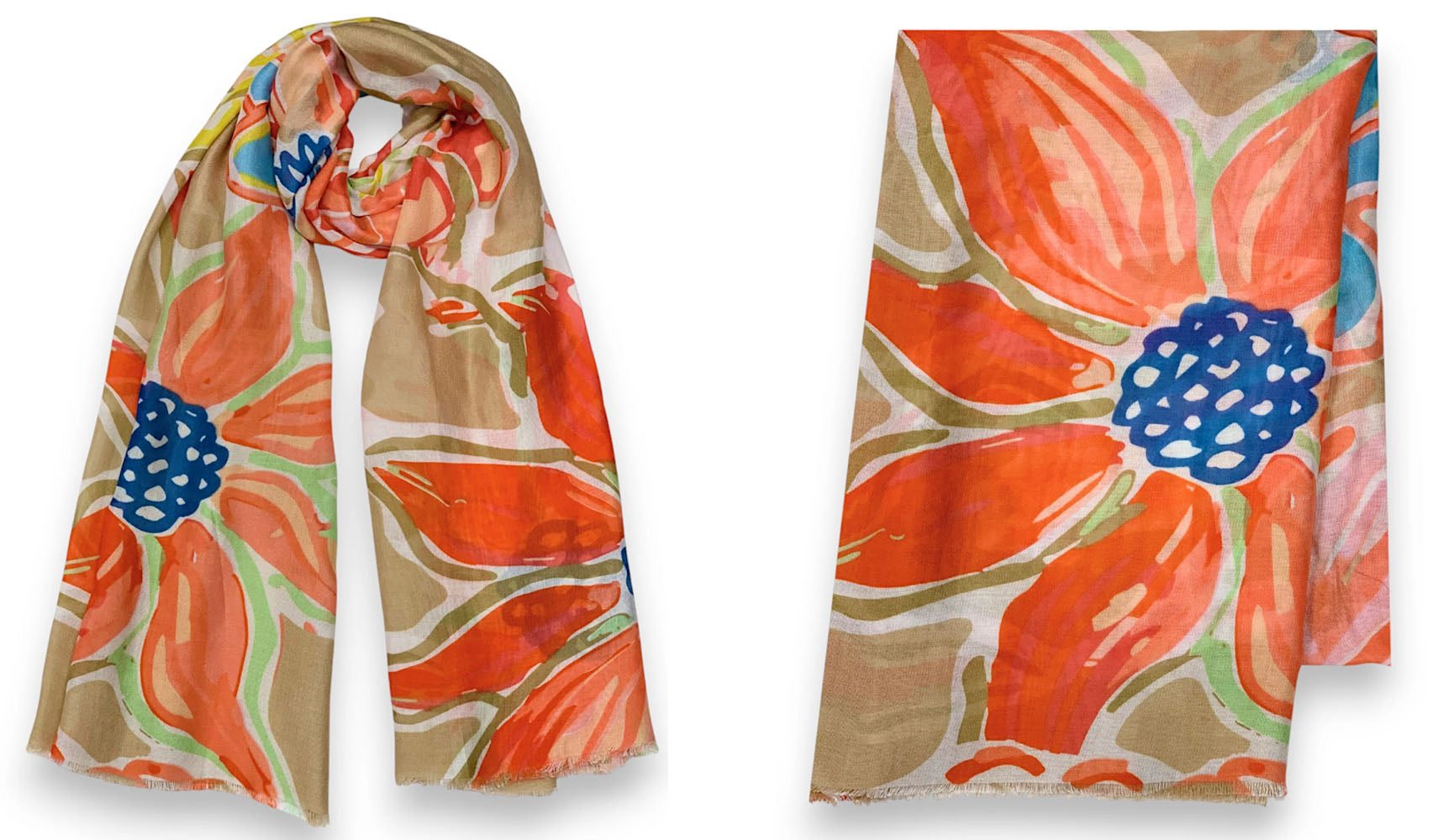 LARGE BEIGE ORANGE BRIGHT FLORAL COTTON MIX SCARF
