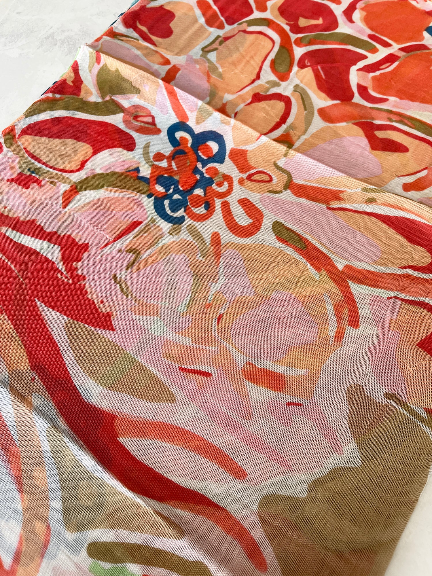 LARGE BEIGE ORANGE BRIGHT FLORAL COTTON MIX SCARF