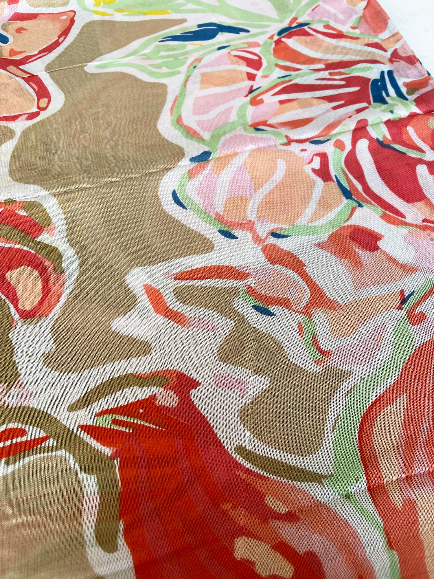 LARGE BEIGE ORANGE BRIGHT FLORAL COTTON MIX SCARF