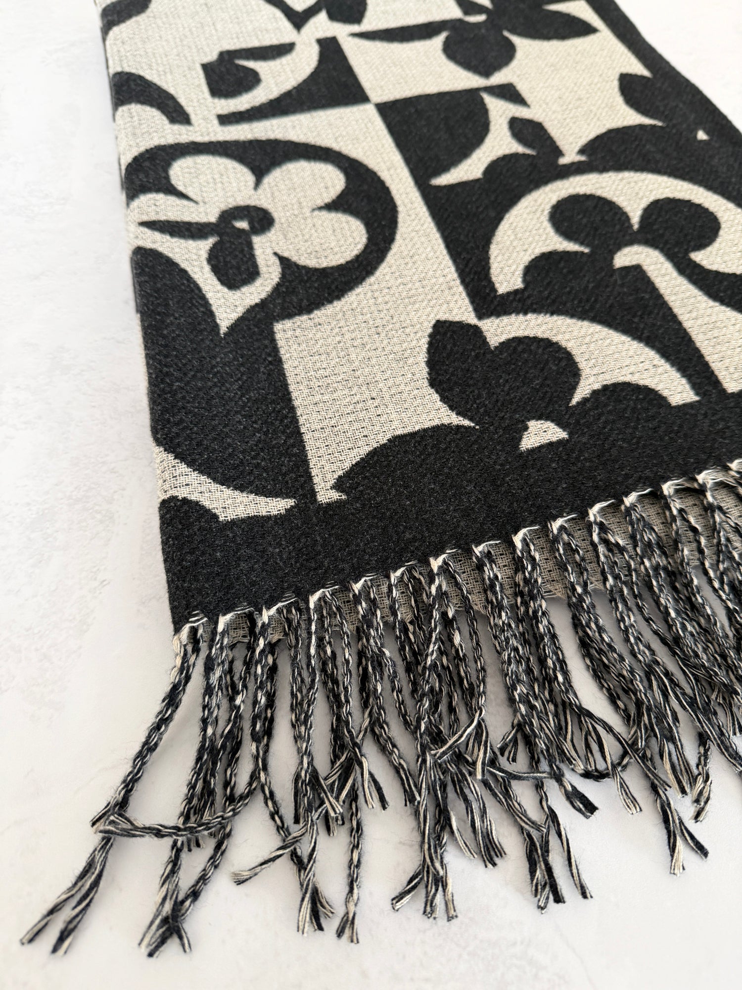 LARGE BLACK ABSTRACT FLORAL PRINT REVERSIBLE WINTER SHAWL BLANKET SCARF