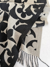 LARGE BLACK ABSTRACT FLORAL PRINT REVERSIBLE WINTER SHAWL BLANKET SCARF
