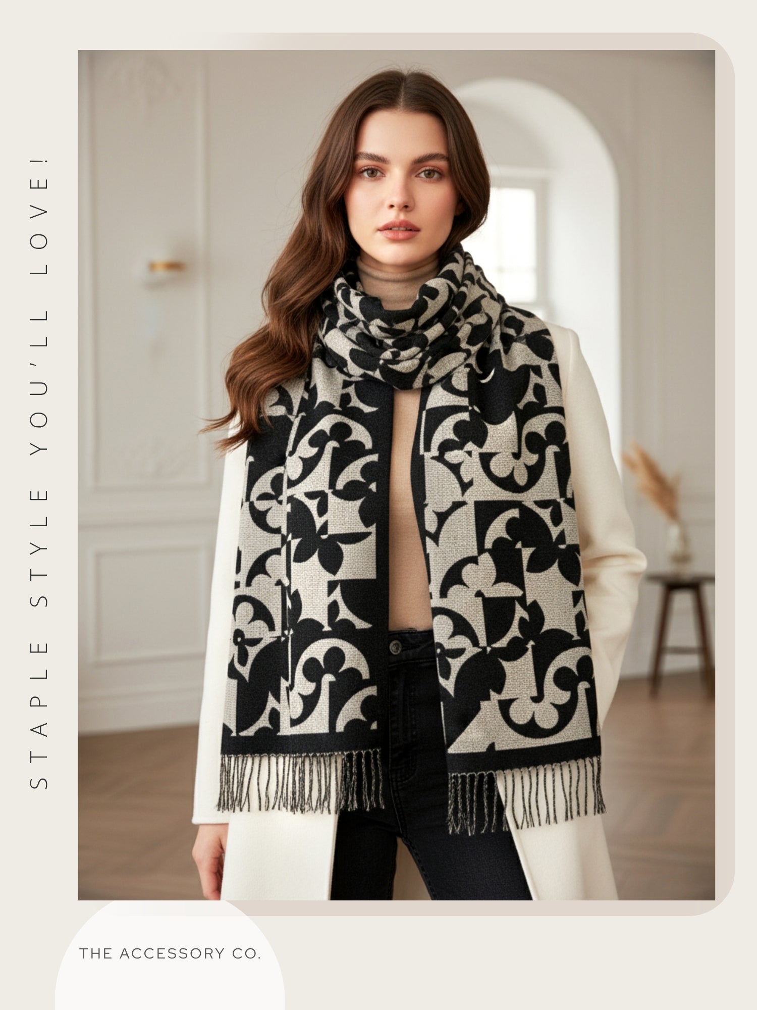 LARGE BLACK ABSTRACT FLORAL PRINT REVERSIBLE WINTER SHAWL BLANKET SCARF