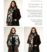 LARGE BLACK ABSTRACT FLORAL PRINT REVERSIBLE WINTER SHAWL BLANKET SCARF