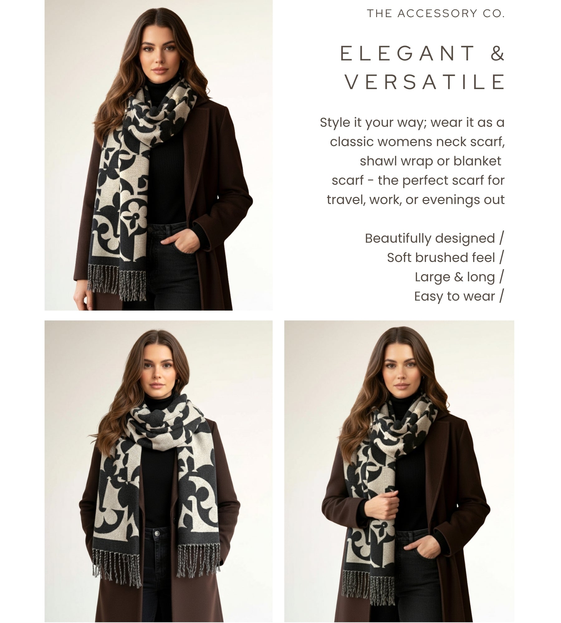 LARGE BLACK ABSTRACT FLORAL PRINT REVERSIBLE WINTER SHAWL BLANKET SCARF