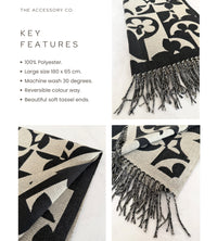 LARGE BLACK ABSTRACT FLORAL PRINT REVERSIBLE WINTER SHAWL BLANKET SCARF