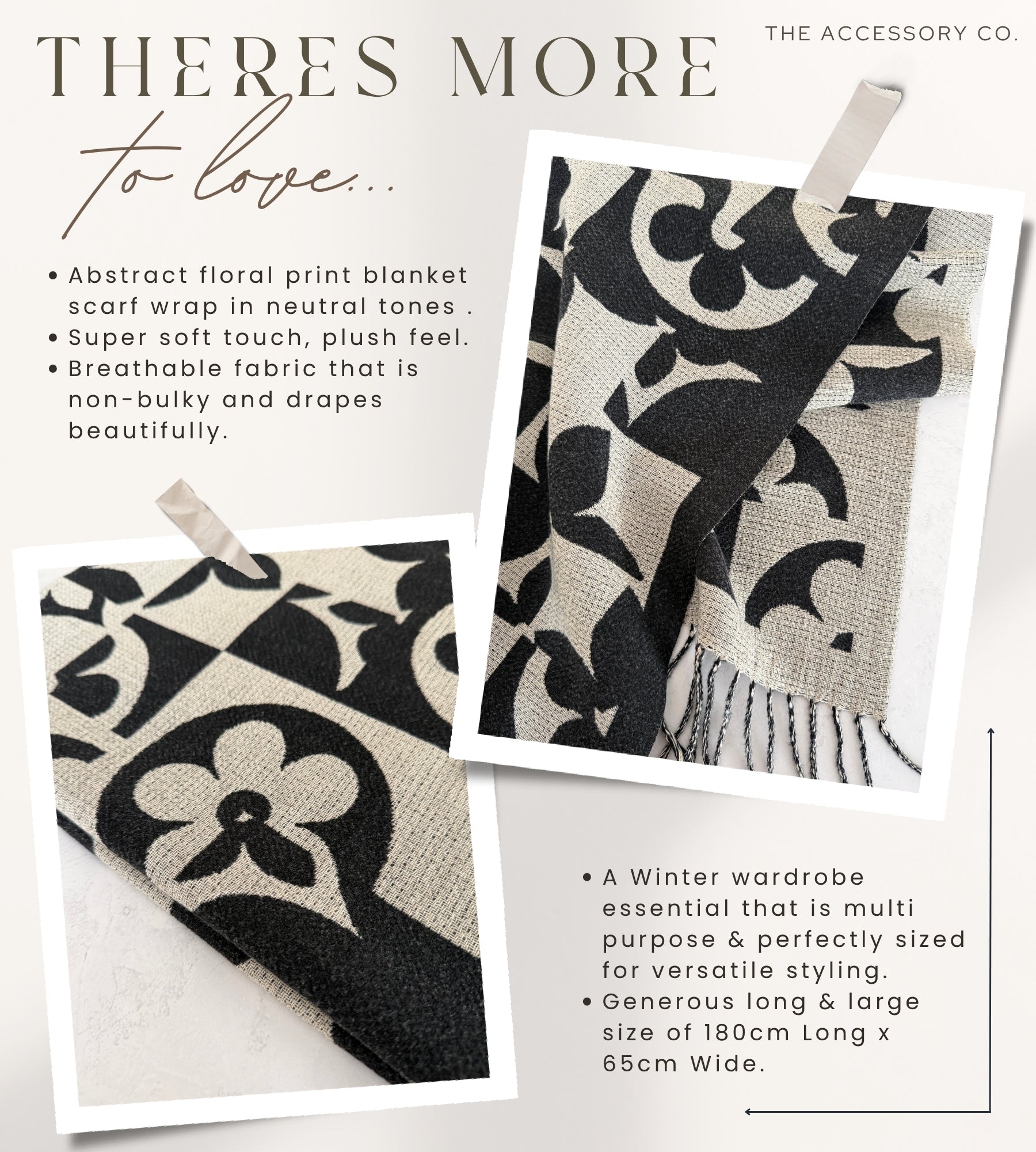 LARGE BLACK ABSTRACT FLORAL PRINT REVERSIBLE WINTER SHAWL BLANKET SCARF