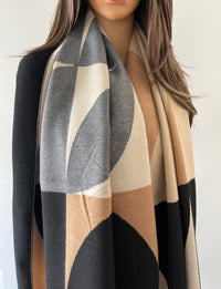 LARGE BLACK CASHMERE RETRO PRINT REVERSIBLE WINTER SHAWL BLANKET SCARF - A-SHU.CO.UK