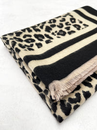 LARGE BLACK CREAM LEOPARD PRINT REVERSIBLE WINTER SHAWL BLANKET SCARF