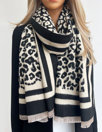 LARGE BLACK CREAM LEOPARD PRINT REVERSIBLE WINTER SHAWL BLANKET SCARF