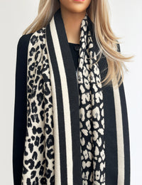 LARGE BLACK CREAM LEOPARD PRINT REVERSIBLE WINTER SHAWL BLANKET SCARF