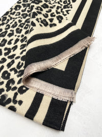 LARGE BLACK CREAM LEOPARD PRINT REVERSIBLE WINTER SHAWL BLANKET SCARF