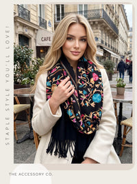 LARGE BLACK FLOWER PRINT CASHMERE COTTON BLEND WINTER SHAWL BLANKET SCARF