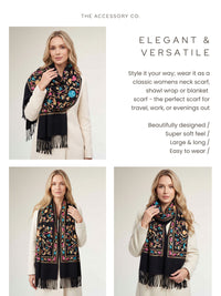 LARGE BLACK FLOWER PRINT CASHMERE COTTON BLEND WINTER SHAWL BLANKET SCARF