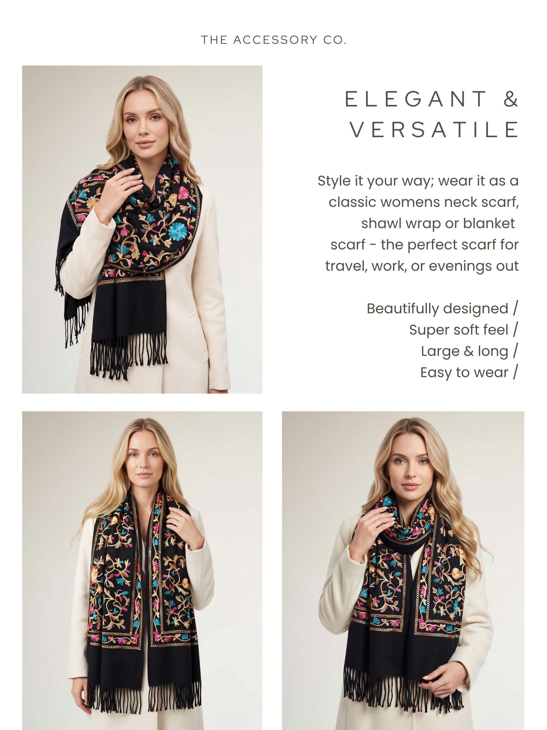 LARGE BLACK FLOWER PRINT CASHMERE COTTON BLEND WINTER SHAWL BLANKET SCARF