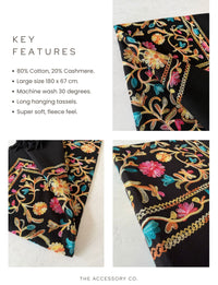 LARGE BLACK FLOWER PRINT CASHMERE COTTON BLEND WINTER SHAWL BLANKET SCARF