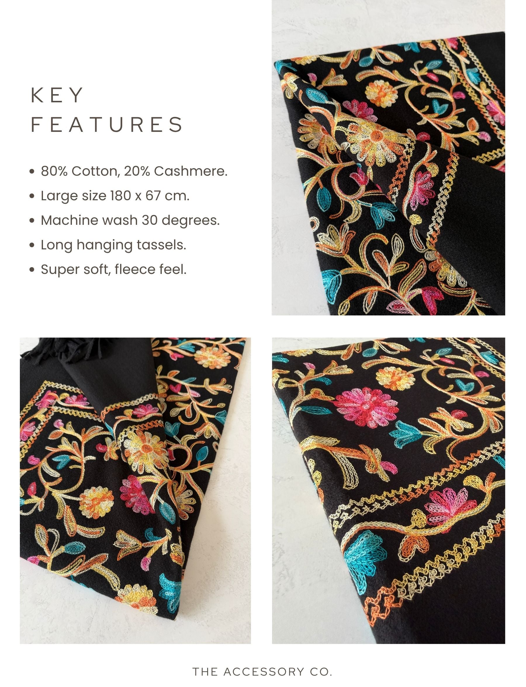LARGE BLACK FLOWER PRINT CASHMERE COTTON BLEND WINTER SHAWL BLANKET SCARF