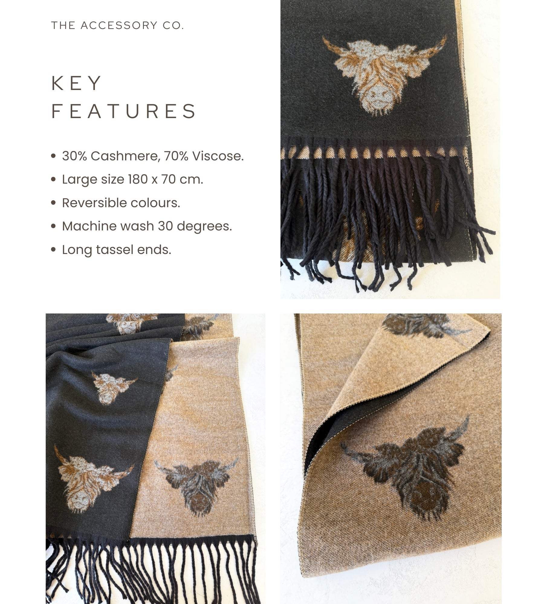 LARGE BLACK HIGHLAND COW CASHMERE REVERSIBLE SHAWL SCARF