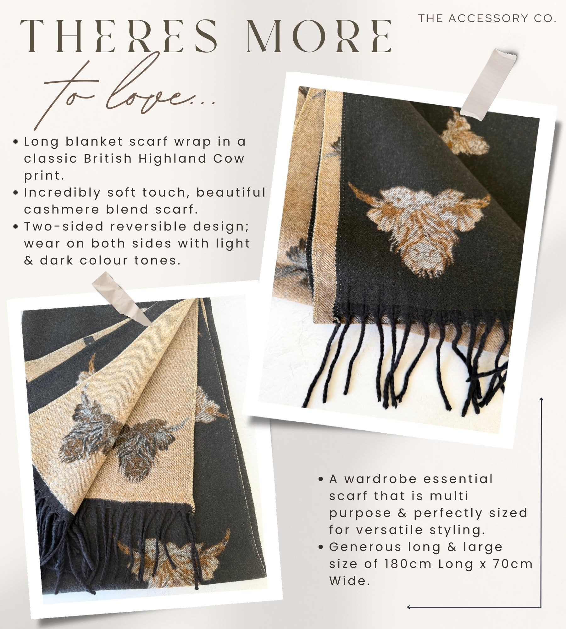 LARGE BLACK HIGHLAND COW CASHMERE REVERSIBLE SHAWL SCARF