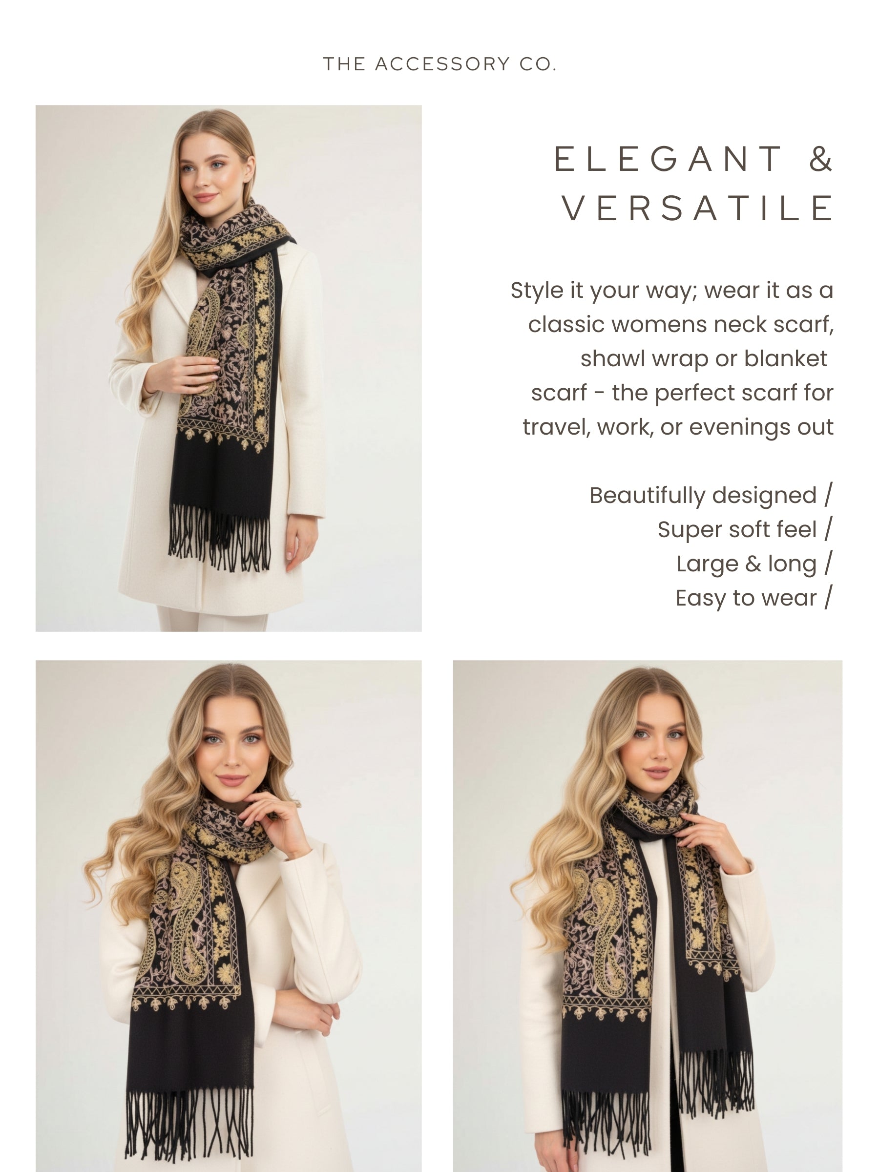 LARGE BLACK PAISLEY CASHMERE COTTON BLEND WINTER SHAWL BLANKET SCARF