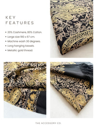 LARGE BLACK PAISLEY CASHMERE COTTON BLEND WINTER SHAWL BLANKET SCARF