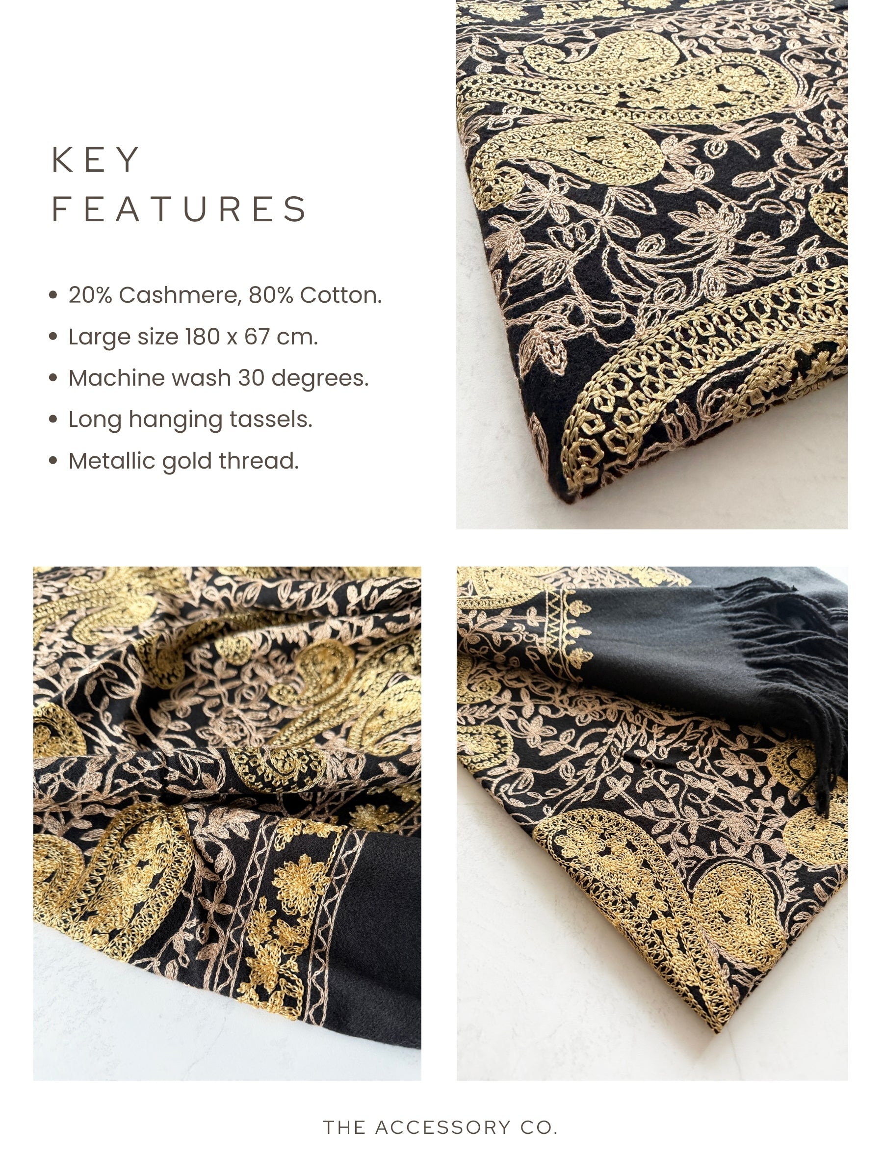 LARGE BLACK PAISLEY CASHMERE COTTON BLEND WINTER SHAWL BLANKET SCARF