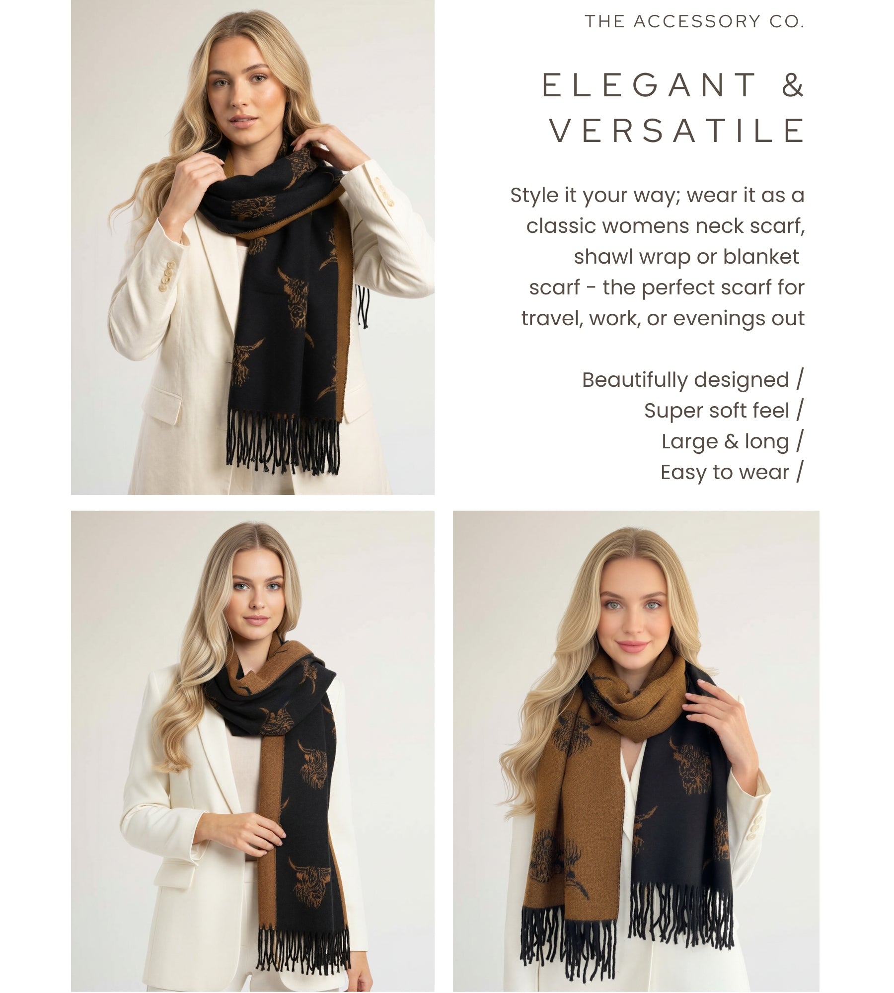 LARGE BLACK TAN HIGHLAND COW CASHMERE REVERSIBLE SHAWL SCARF