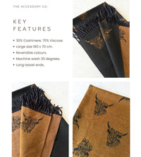LARGE BLACK TAN HIGHLAND COW CASHMERE REVERSIBLE SHAWL SCARF