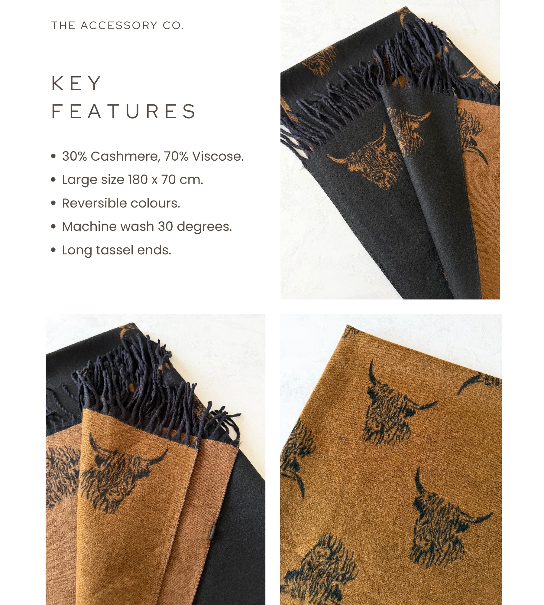 LARGE BLACK TAN HIGHLAND COW CASHMERE REVERSIBLE SHAWL SCARF
