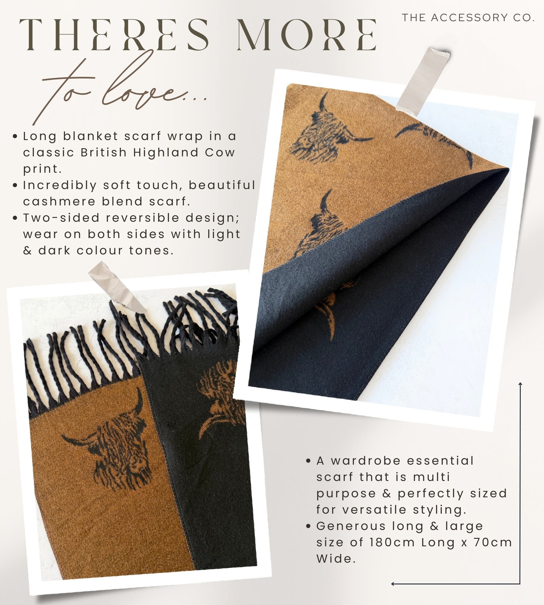 LARGE BLACK TAN HIGHLAND COW CASHMERE REVERSIBLE SHAWL SCARF