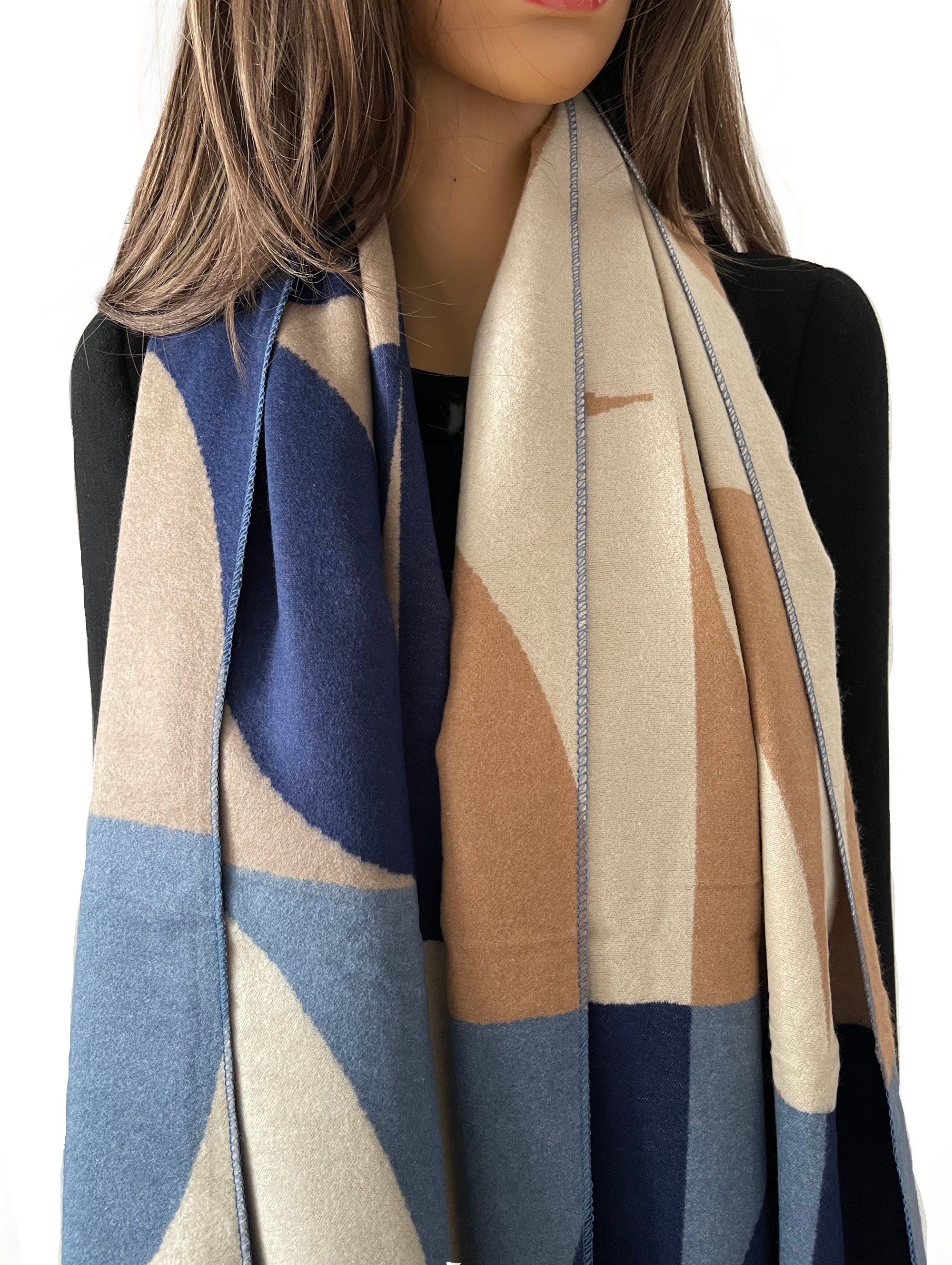 LARGE BLUE CASHMERE RETRO PRINT REVERSIBLE WINTER SHAWL BLANKET SCARF - A-SHU.CO.UK