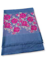 LARGE BLUE FLORAL PRINT SILKY FEEL PASHMINA SHAWL SCARF