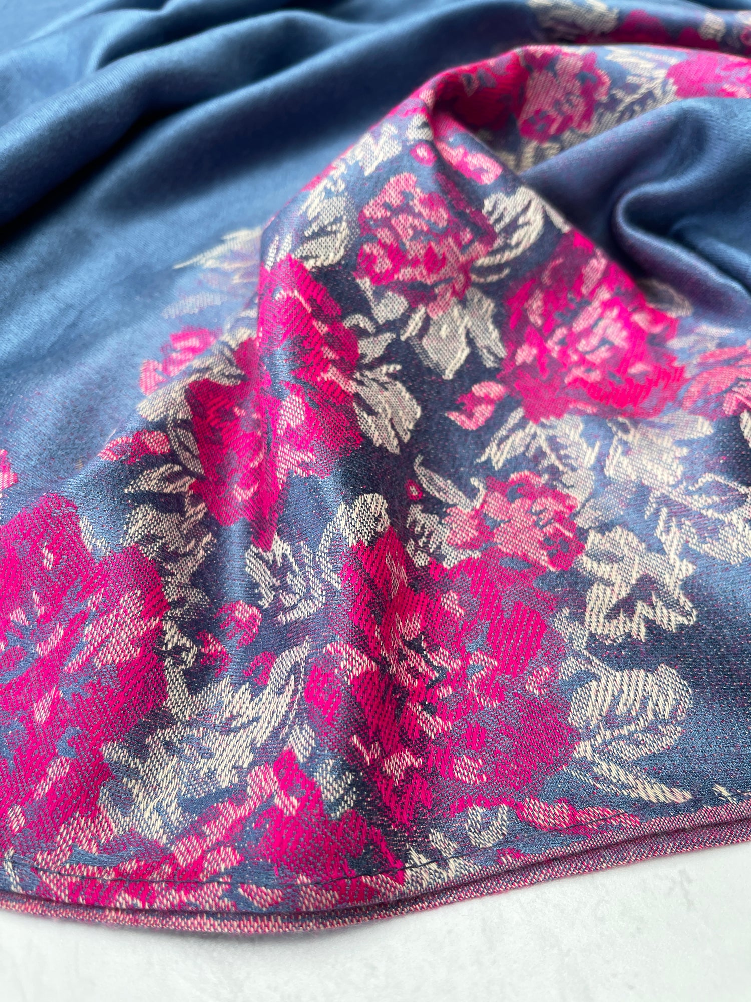 LARGE BLUE FLORAL PRINT SILKY FEEL PASHMINA SHAWL SCARF