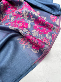 LARGE BLUE FLORAL PRINT SILKY FEEL PASHMINA SHAWL SCARF