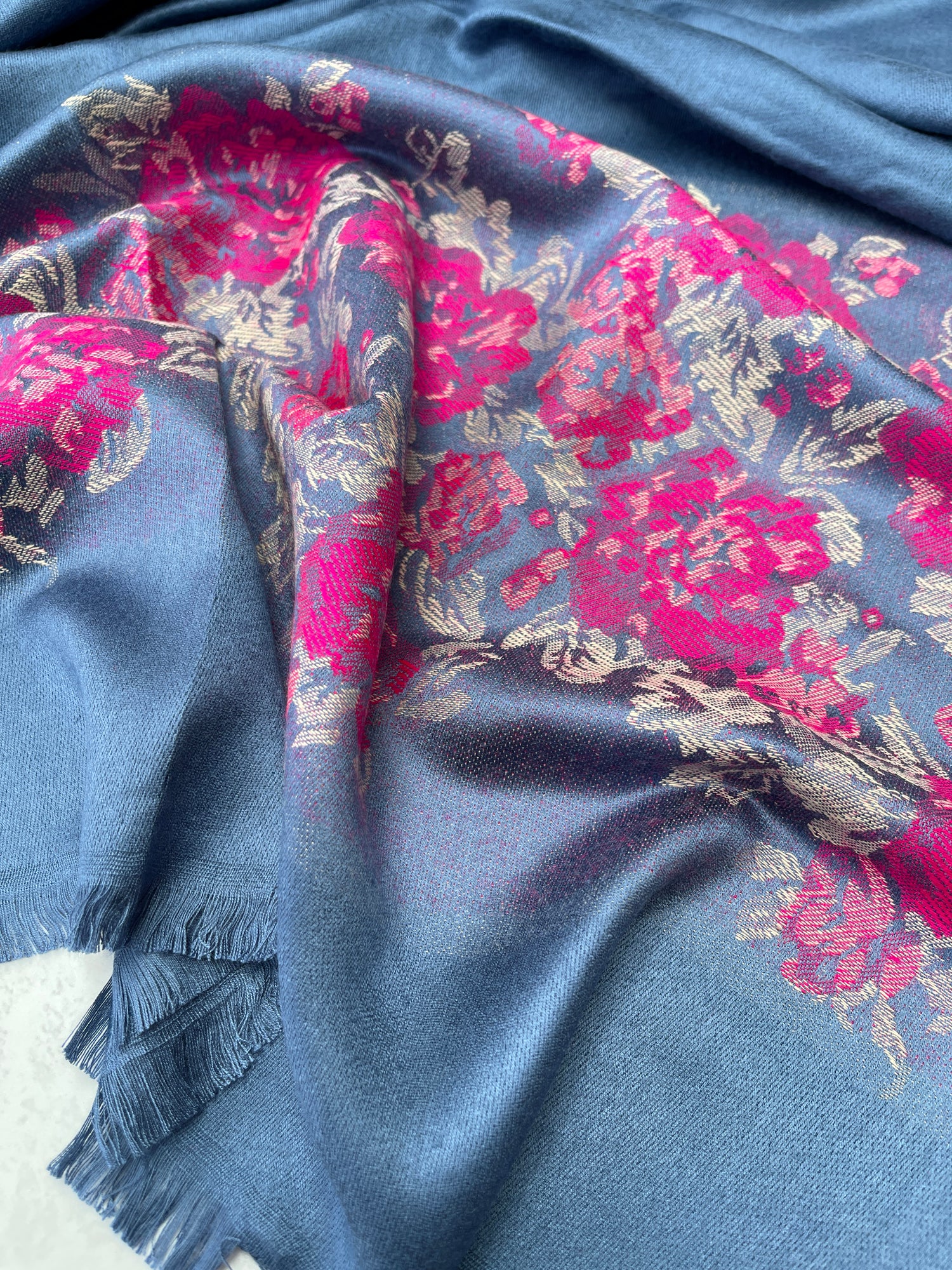 LARGE BLUE FLORAL PRINT SILKY FEEL PASHMINA SHAWL SCARF