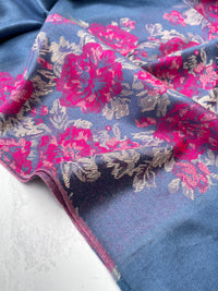 LARGE BLUE FLORAL PRINT SILKY FEEL PASHMINA SHAWL SCARF