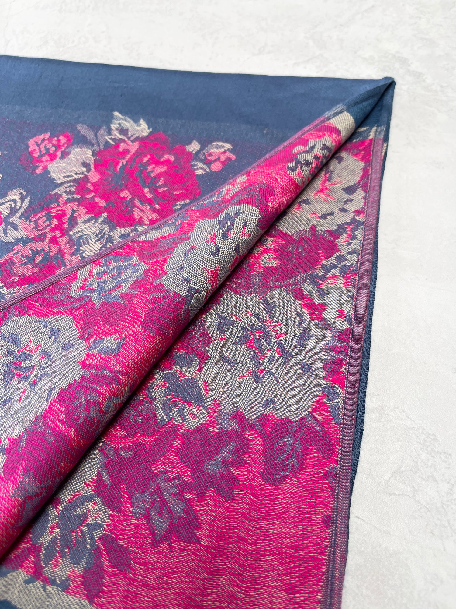 LARGE BLUE FLORAL PRINT SILKY FEEL PASHMINA SHAWL SCARF