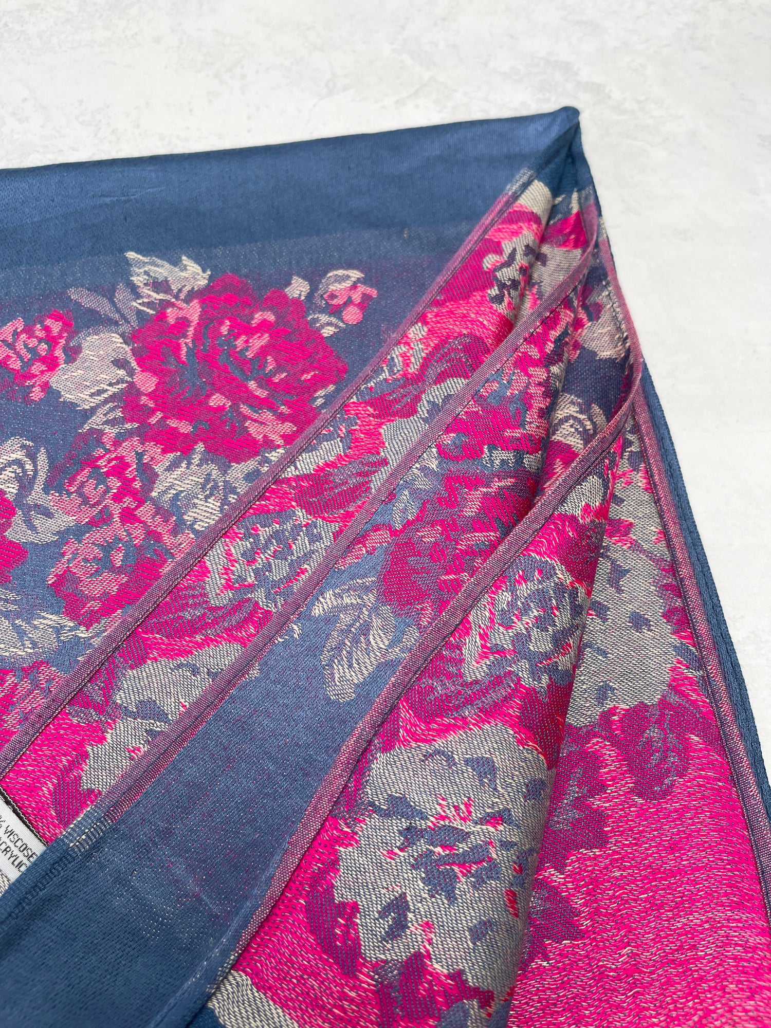 LARGE BLUE FLORAL PRINT SILKY FEEL PASHMINA SHAWL SCARF