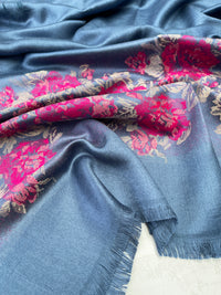 LARGE BLUE FLORAL PRINT SILKY FEEL PASHMINA SHAWL SCARF