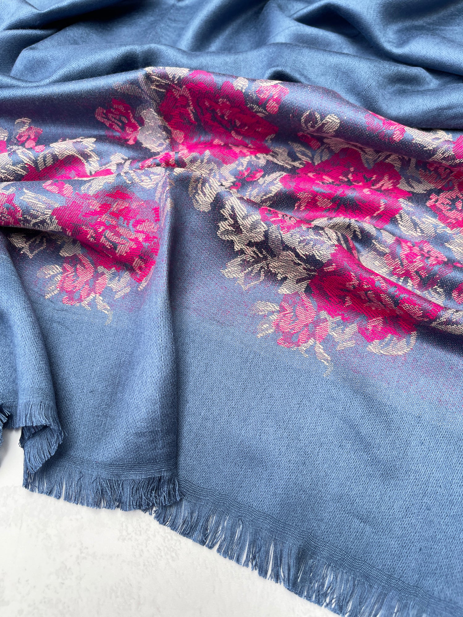 LARGE BLUE FLORAL PRINT SILKY FEEL PASHMINA SHAWL SCARF