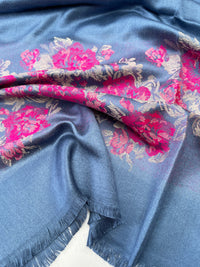 LARGE BLUE FLORAL PRINT SILKY FEEL PASHMINA SHAWL SCARF