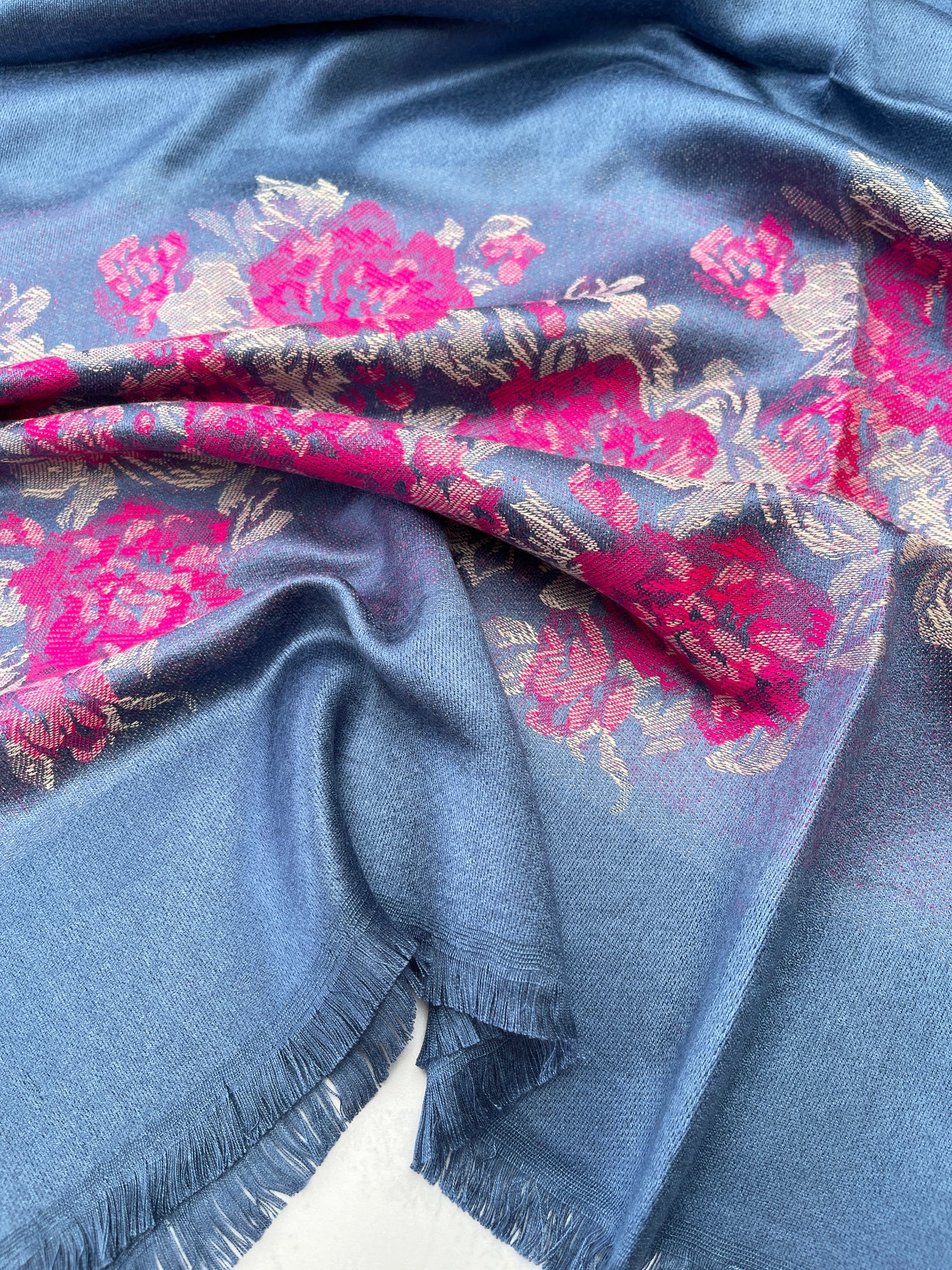 LARGE BLUE FLORAL PRINT SILKY FEEL PASHMINA SHAWL SCARF