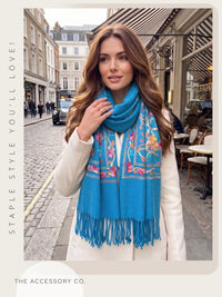 LARGE BLUE FLOWER PRINT CASHMERE COTTON BLEND WINTER SHAWL BLANKET SCARF