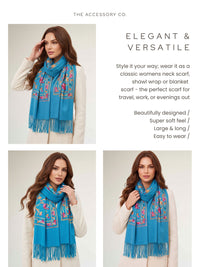 LARGE BLUE FLOWER PRINT CASHMERE COTTON BLEND WINTER SHAWL BLANKET SCARF